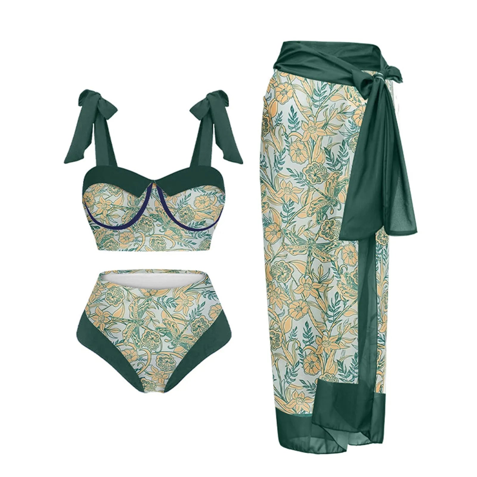 Women's pink printing split swimsuit three-piece set with skirt, bra, and panties.