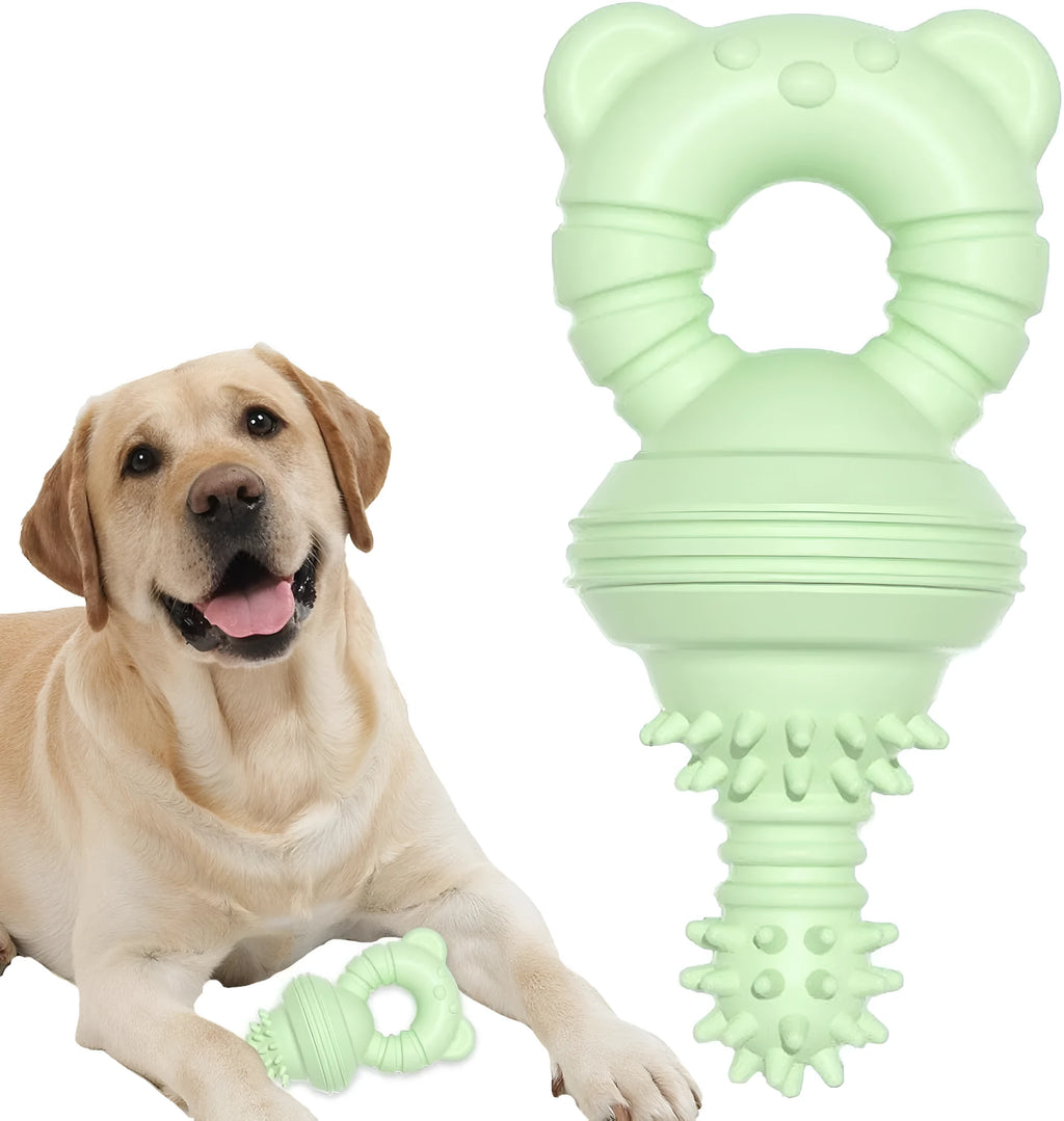 Blue rubber dog chew toy with textured surface and internal bell, shown next to a tape measure indicating 13.5 cm length.