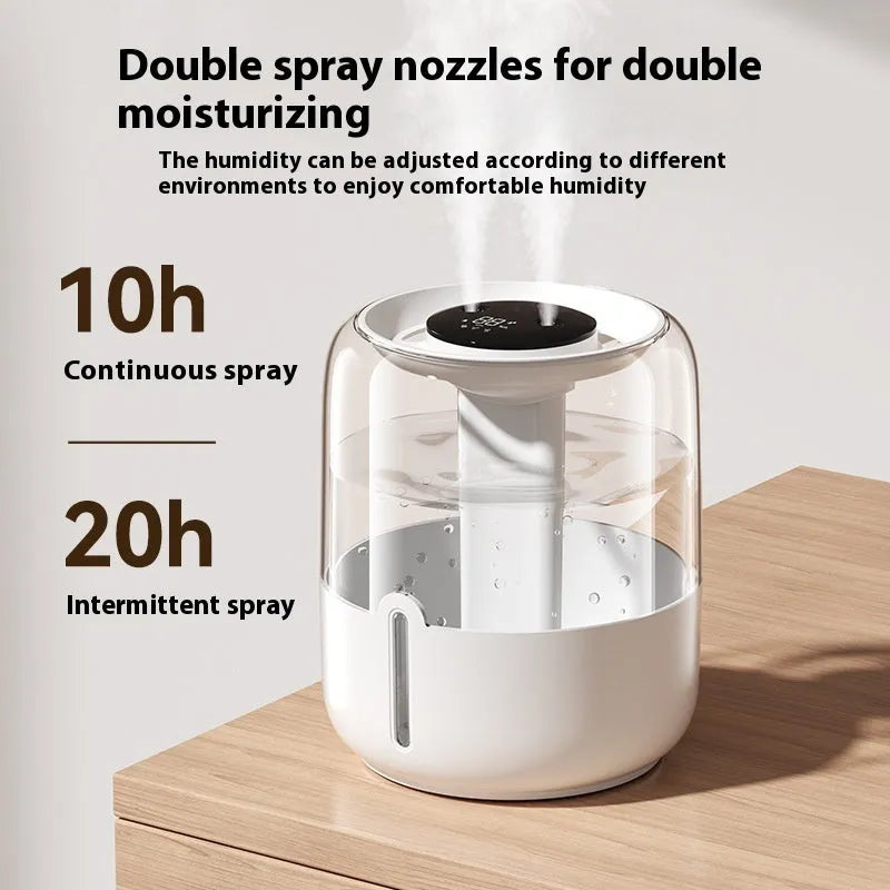 Round beige USB humidifier with digital display and dual mist nozzles