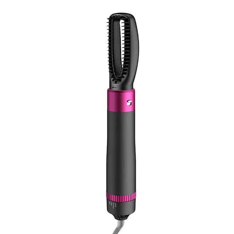 Dyson grey 5-in-1 hair dryer brush kit with five interchangeable styling heads on a white background.