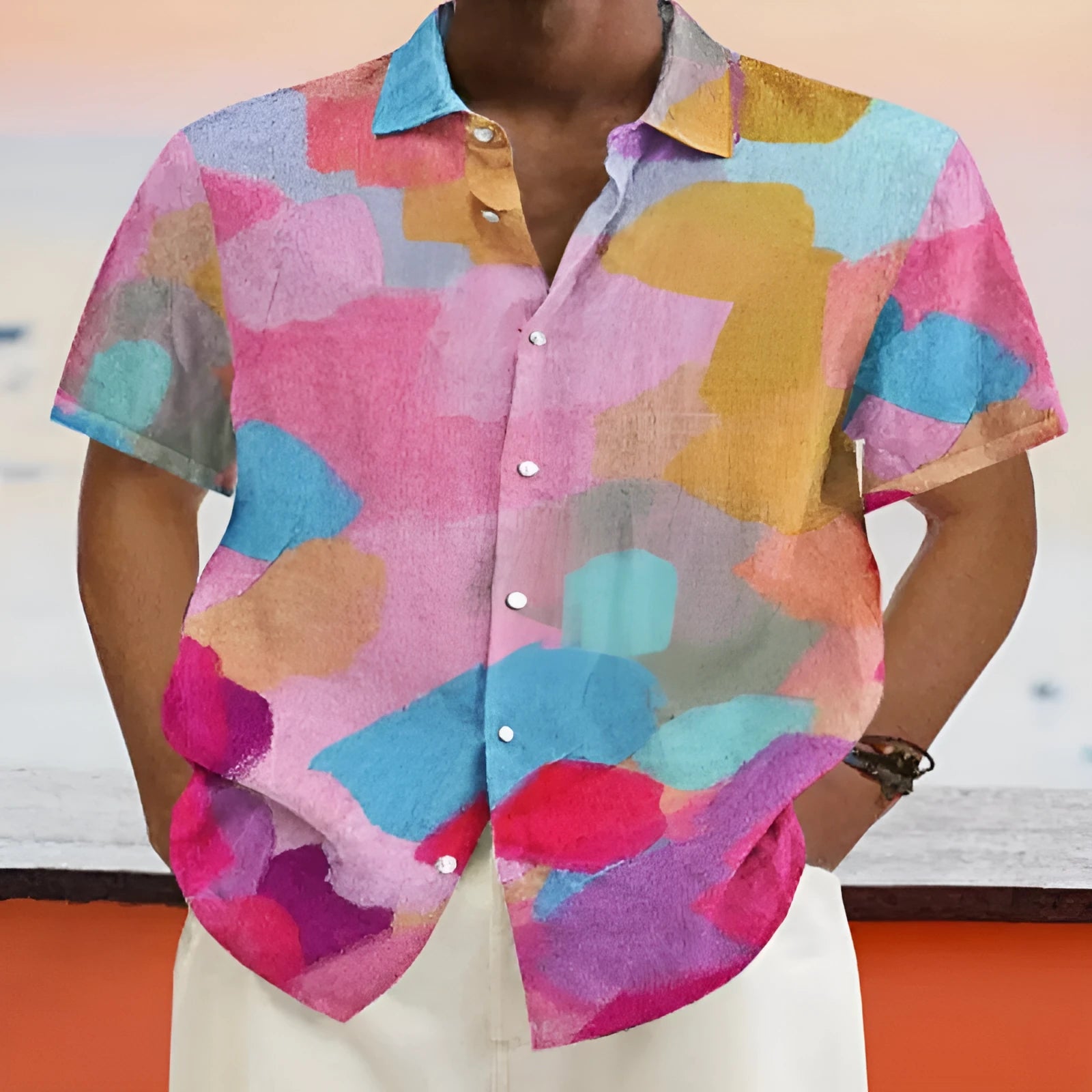 Hawaiian style cardigan with stand collar, short sleeves and 3D printed design