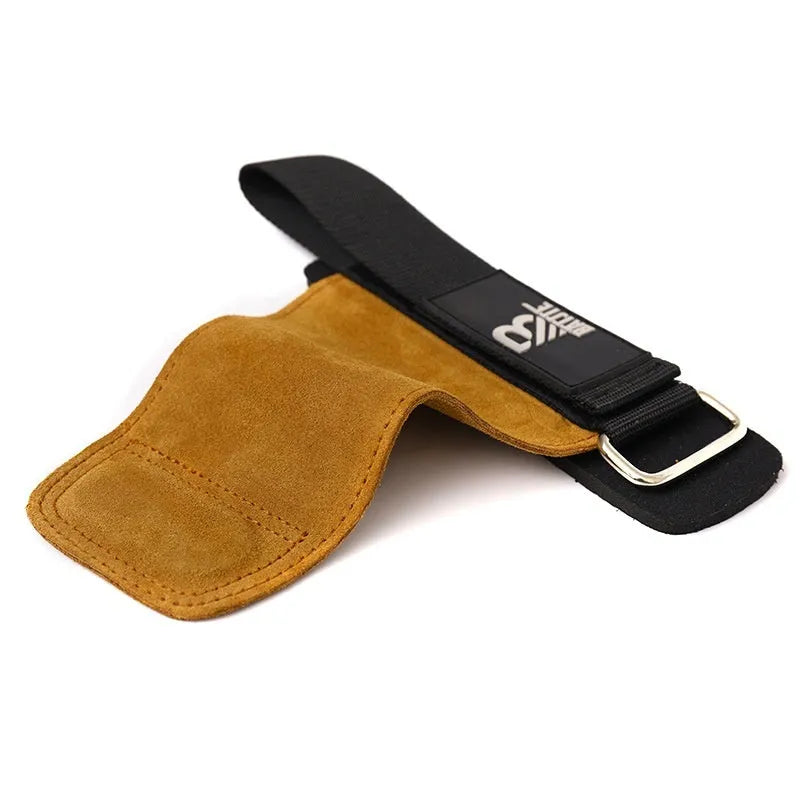 A pair of brown fitness wrist protectors for gym equipment and pull-up bar exercises.