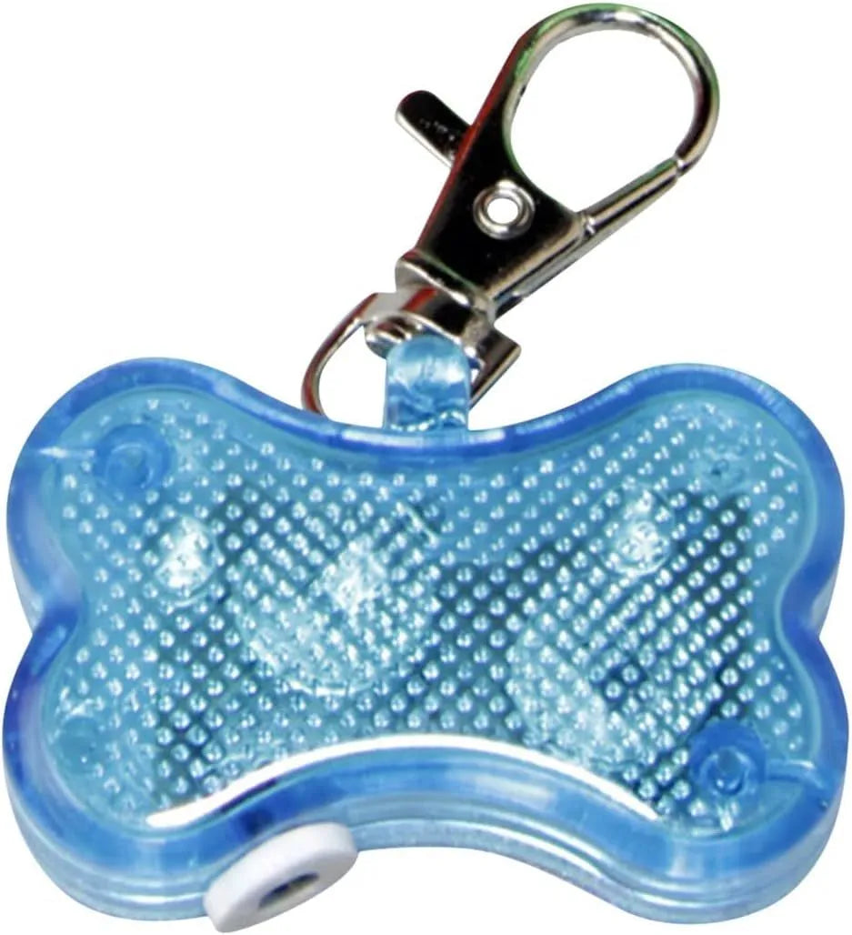 Blue bone-shaped LED pet pendant showing dimensions and attachment loop for collars