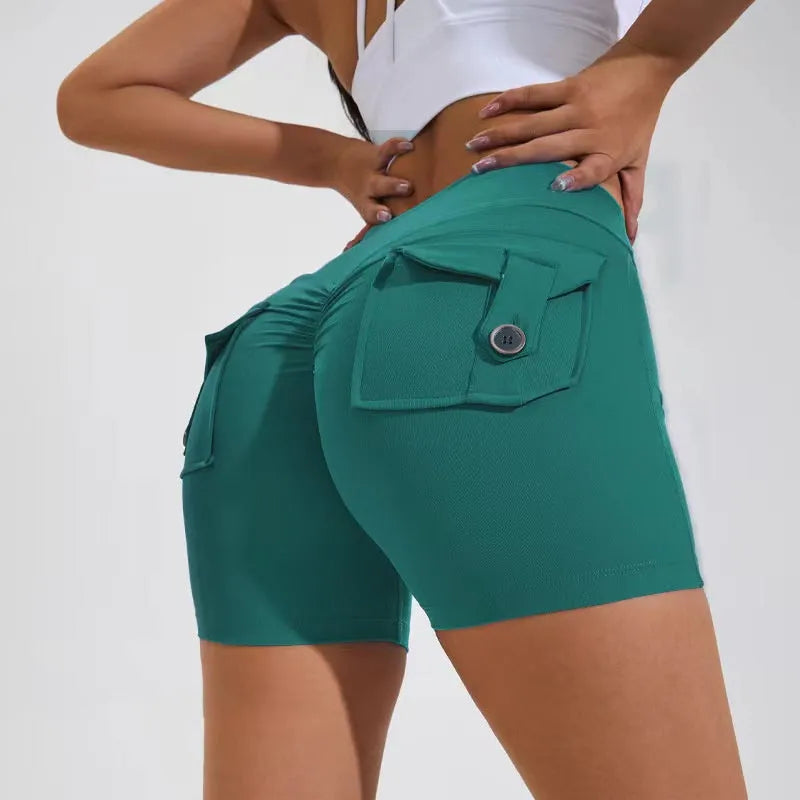 Women's high-waisted fitness shorts with pockets in various solid colours