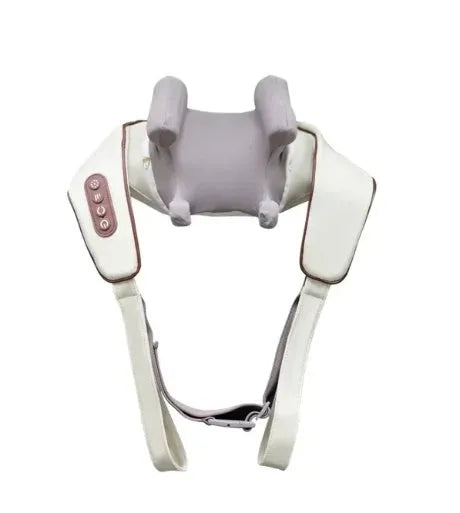 Milky white rechargeable shoulder and neck kneading massager with infrared function.