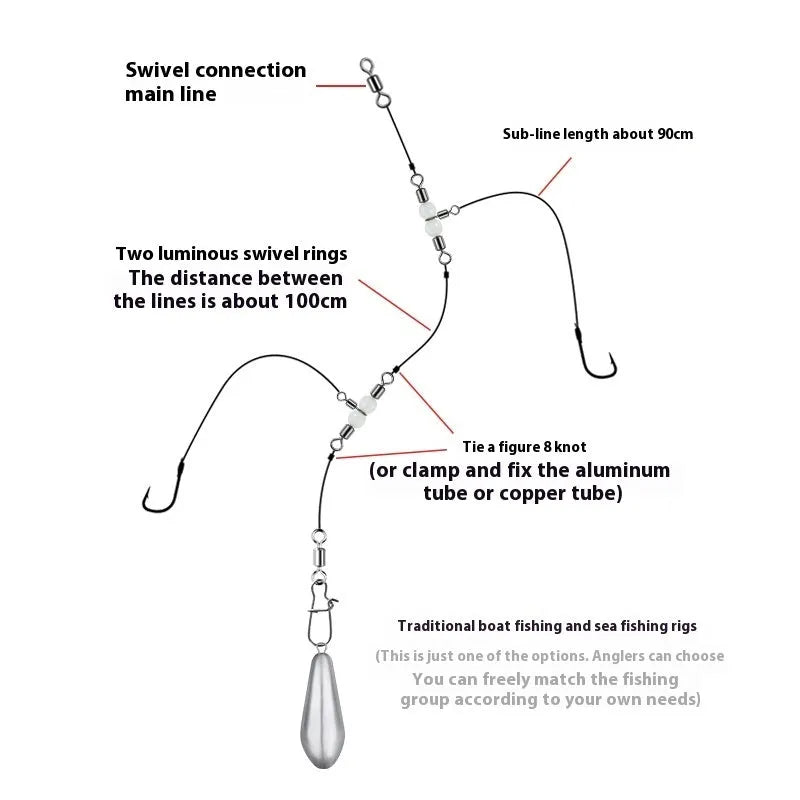 Copper luminous three-fork swivel fishing beads with 8-ring T-type balance fork on a blue background