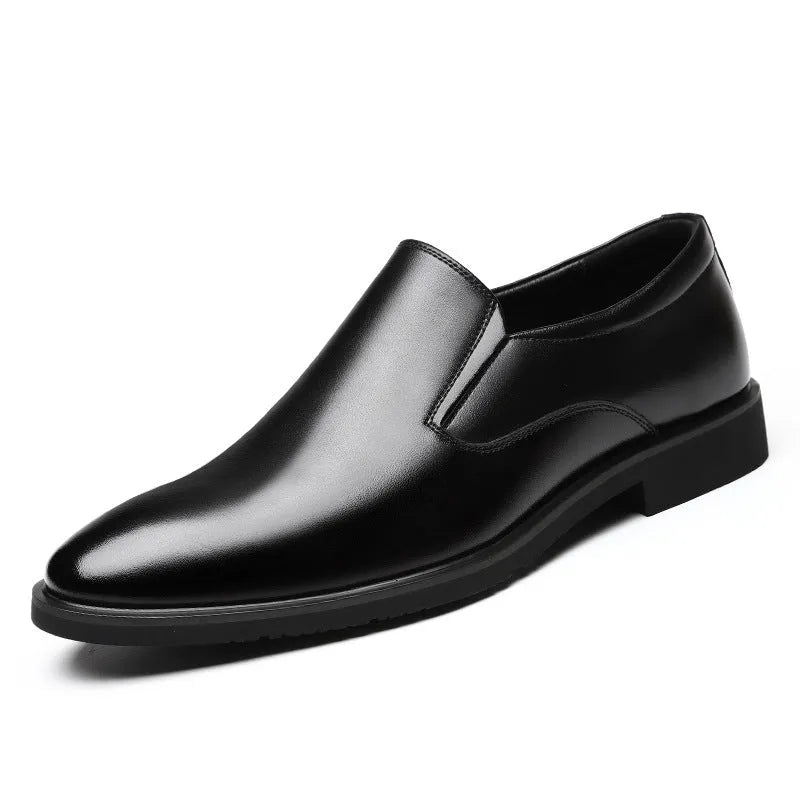 Men's black leather slip-on business casual shoes with rubber sole and low top design