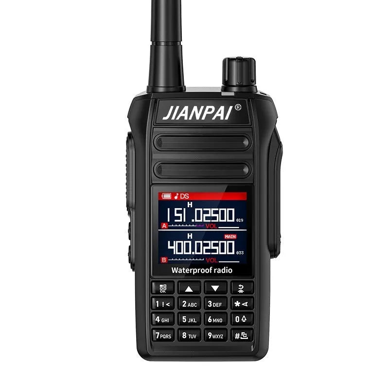 Black Interphone waterproof aviation headset with plastic shell, antenna, battery, back clip, charger, cable, and accessories