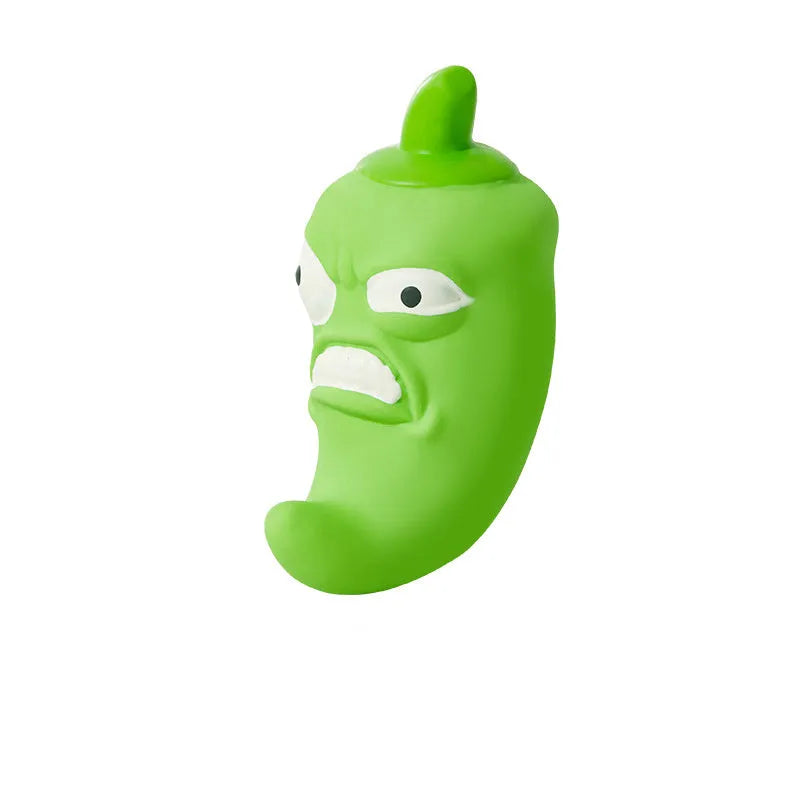 Bitter melon and chili shaped dog toy with textured teeth-cleaning surfaces and pet sound feature