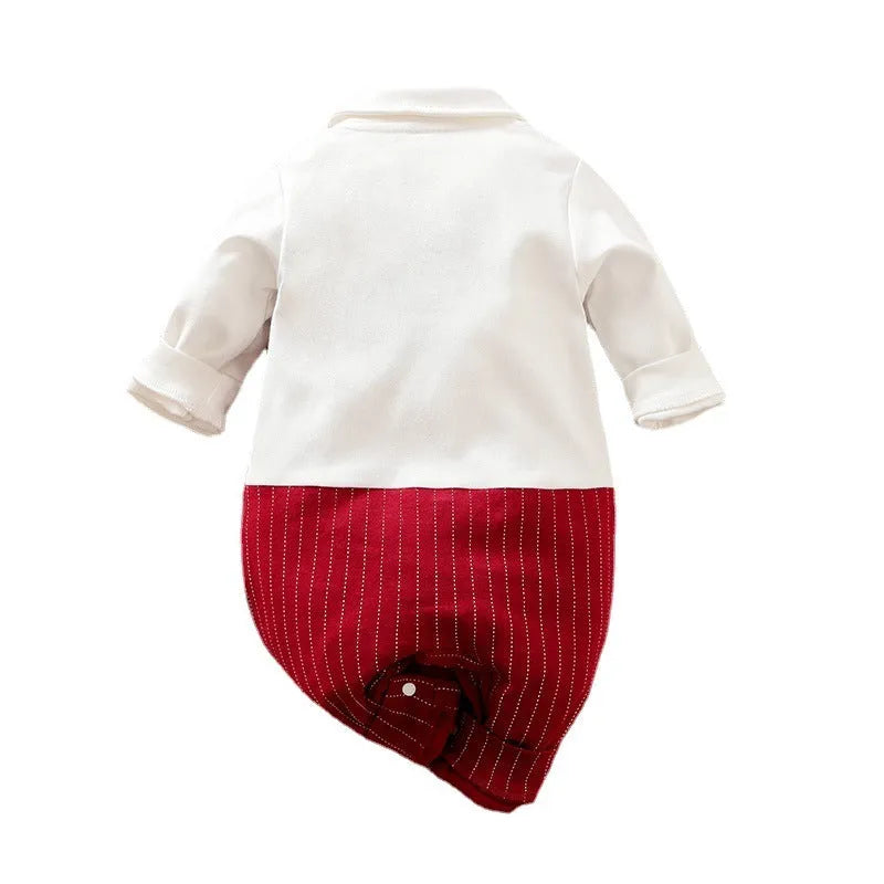 Wine red cotton baby boy romper suit with long sleeves and single-breasted buttons.