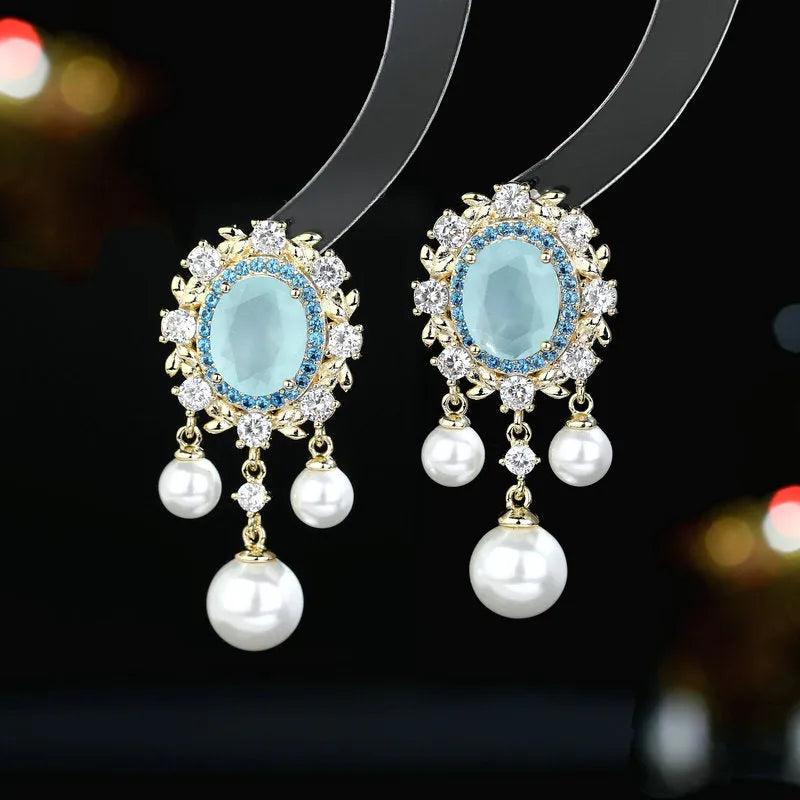 Oval geometric copper earrings with zircon inlays and pearl tassels in light purple colour option