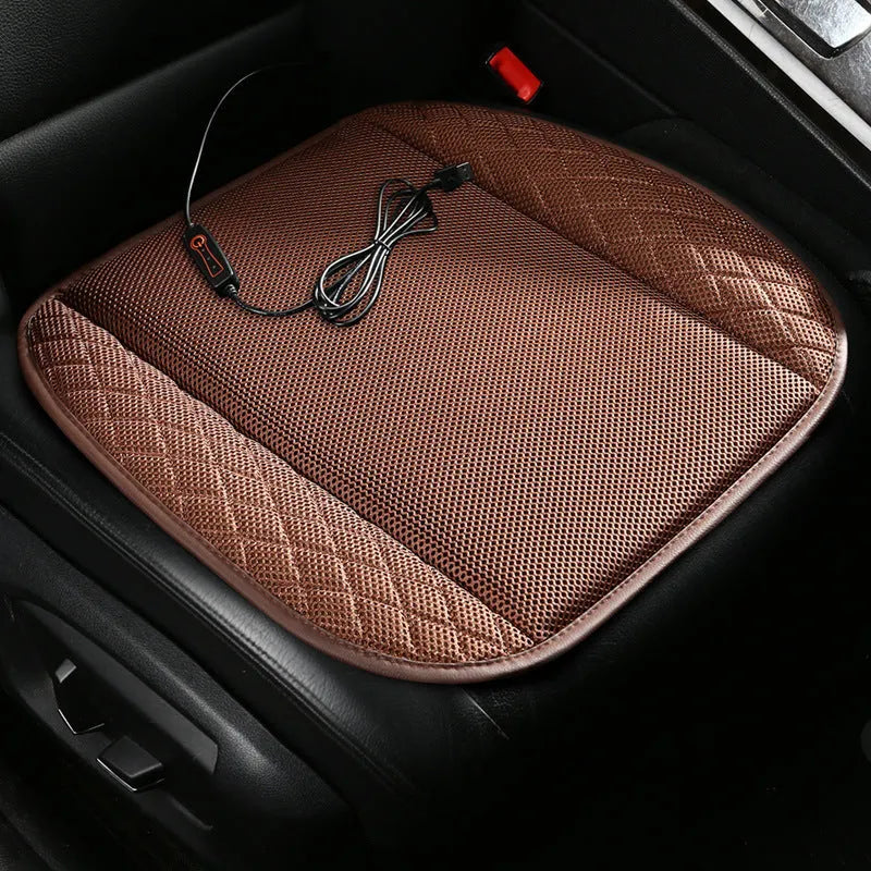 Ventilated car seat cushion with USB connection showing fan vents and suede material in black colour