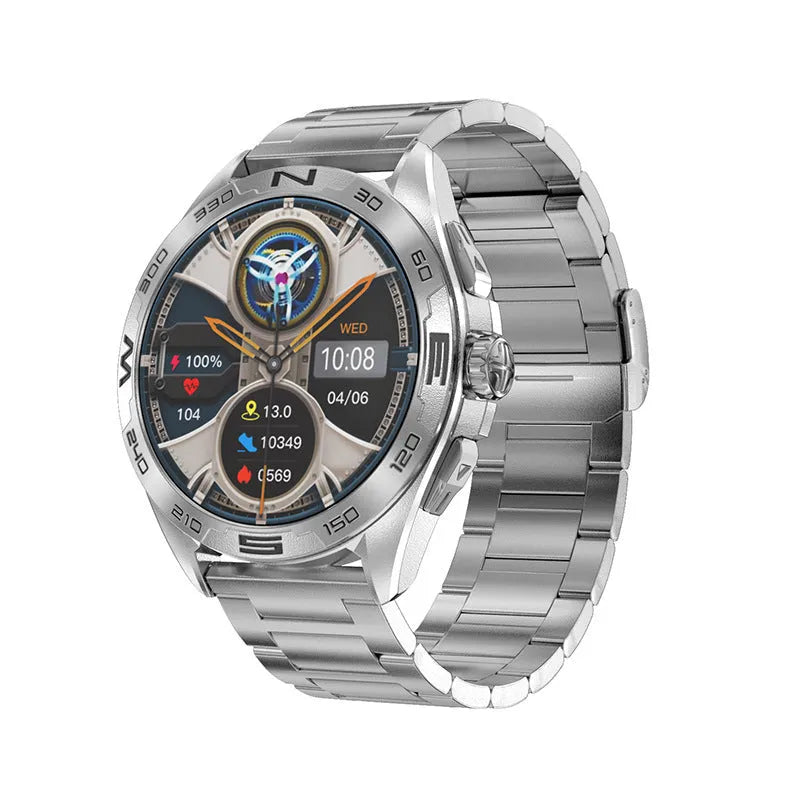 Smart watch with black steel case displaying health metrics on its IPS screen.