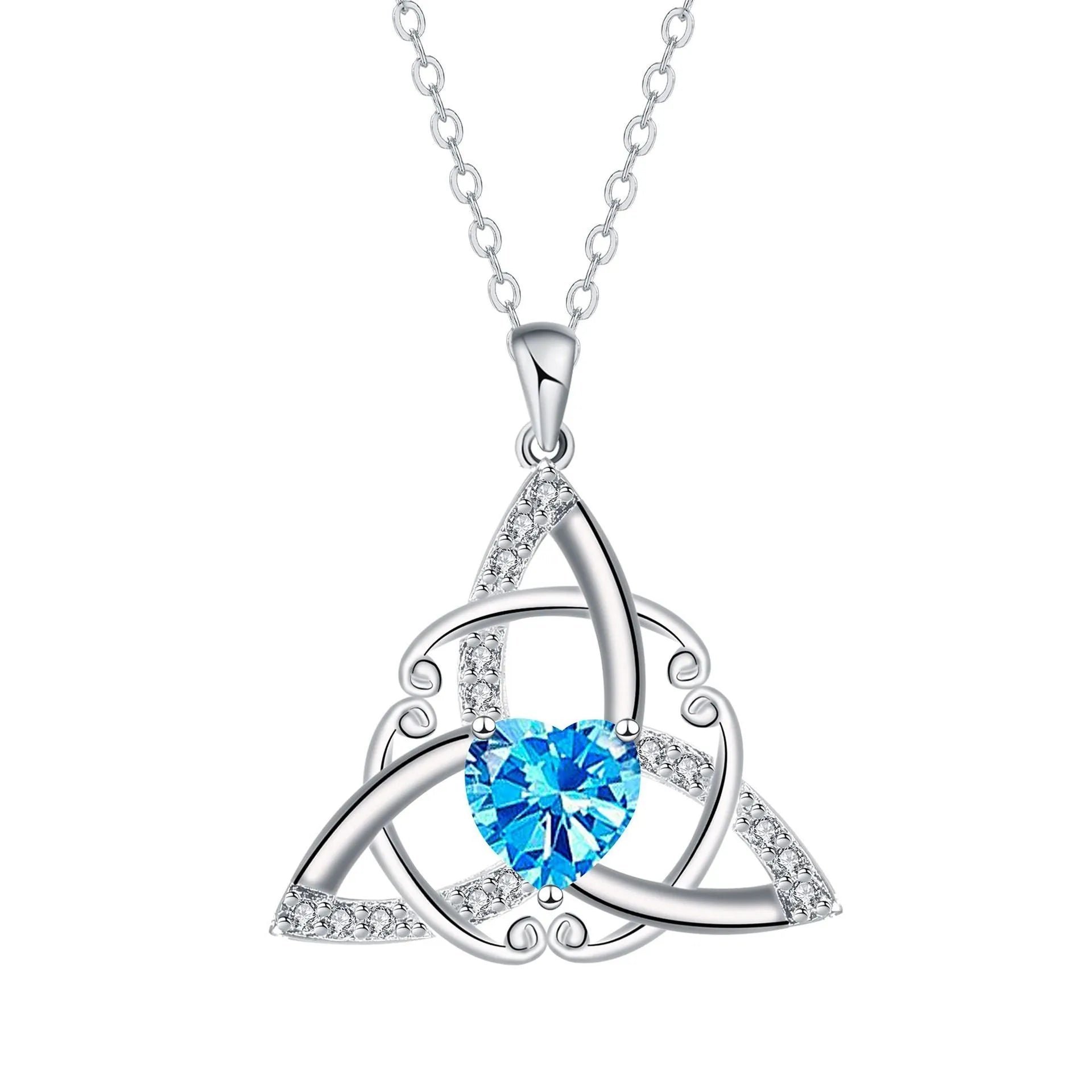 Copper Celtic knot necklace for women with geometric pendant in electroplated blue colour.