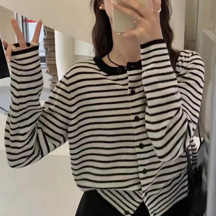 Women's dark grey and white striped cardigan coat with 40cm length and slim French style fit