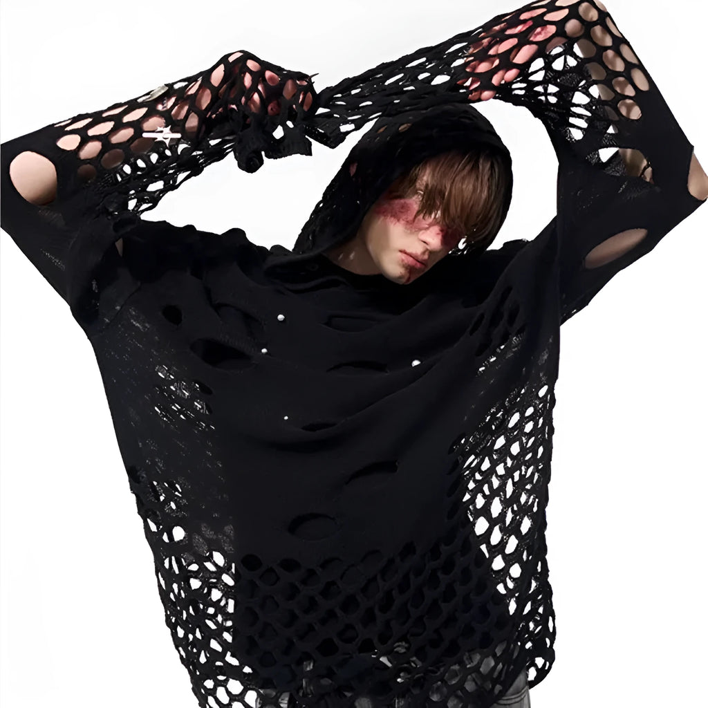 Men's black thin knit hoodie with pearl decorative detail and hood