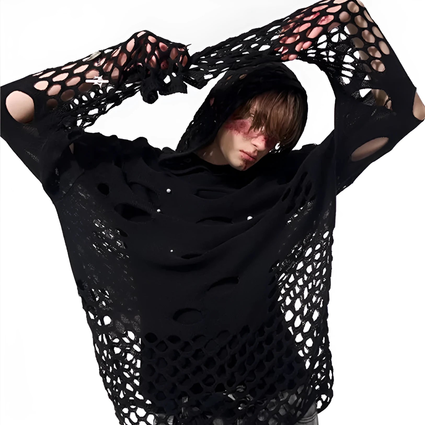 Men's black thin knit hoodie with pearl decorative detail and hood