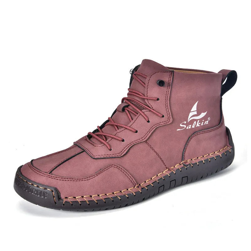 Retro high-top casual boots in artificial PU leather with frosted finish, round toe, and elastic band.