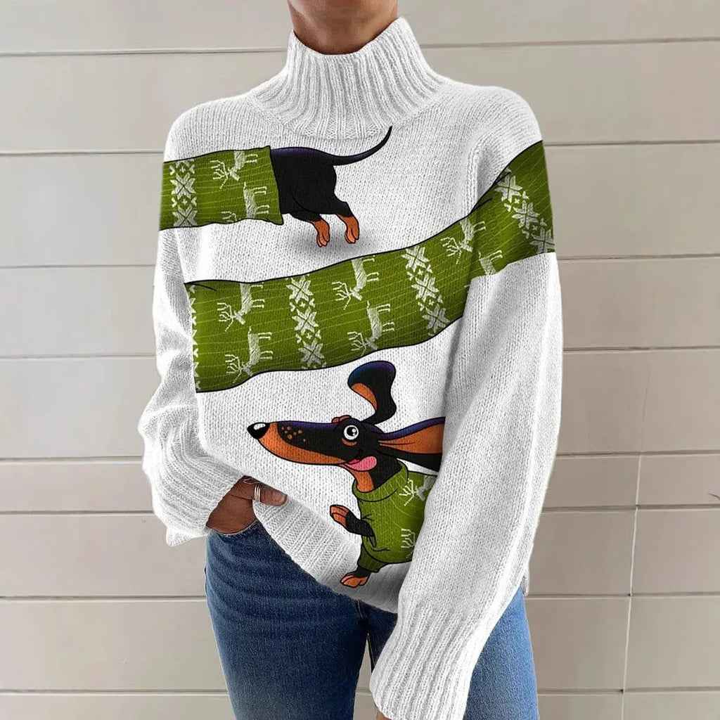 Women's Christmas printed turtleneck sweater with painting pattern in macaron colours, loose casual style