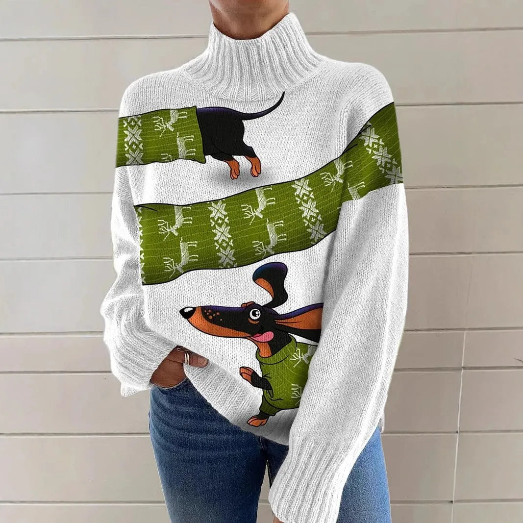 Women's Christmas printed turtleneck sweater with painting pattern in macaron colours, loose casual style