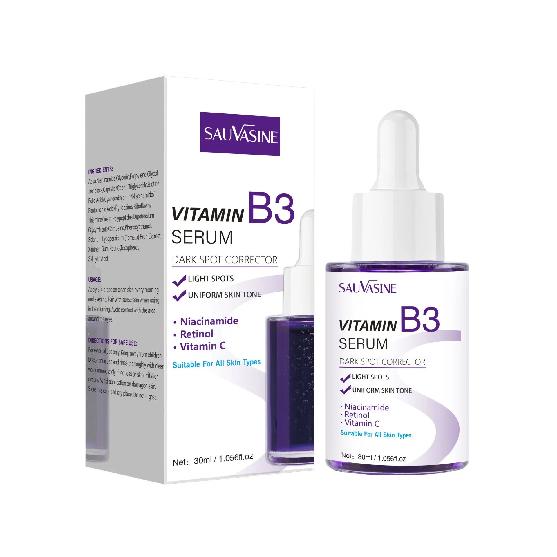 30ml Vitamin B3 niacinamide facial essence serum in glass bottle for skin nourishment and firming
