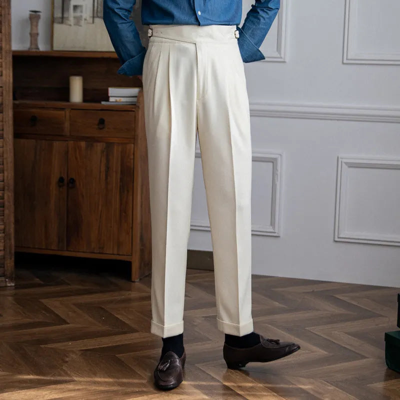 Men's black high-waisted straight leg casual trousers on a hanger