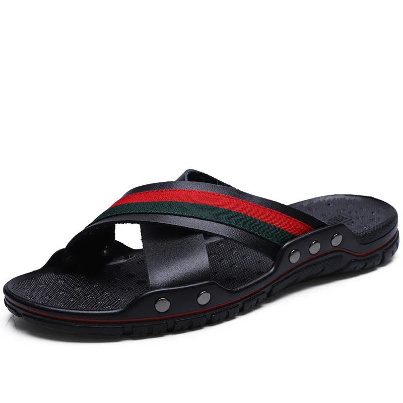 Men's cowhide leather flip-flops in white, blue, and black on a PU sole.
