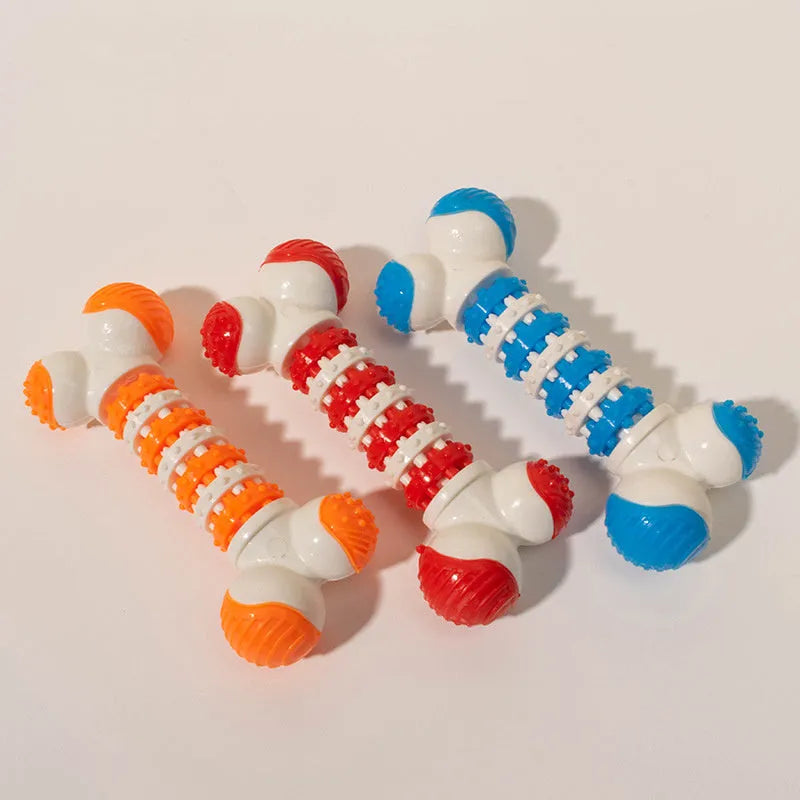 Small blue bone-shaped dog toy with textured chewable ends and central treat compartment