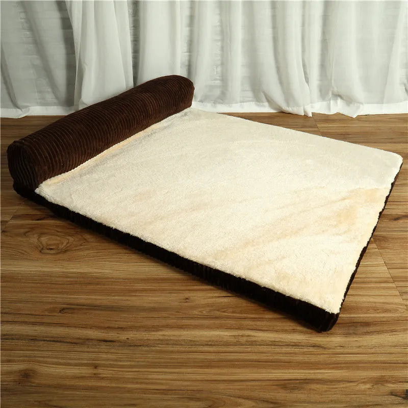 Corduroy fabric pet sofa dog bed in a grey colour, showing raised sides and plush high-density sponge padding.