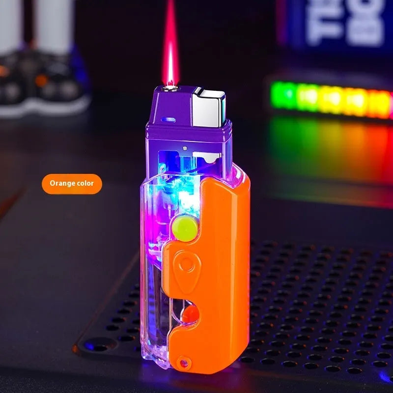 Orange, purple, and green plastic lighter with wind-resistant function on a simple bare metal background.