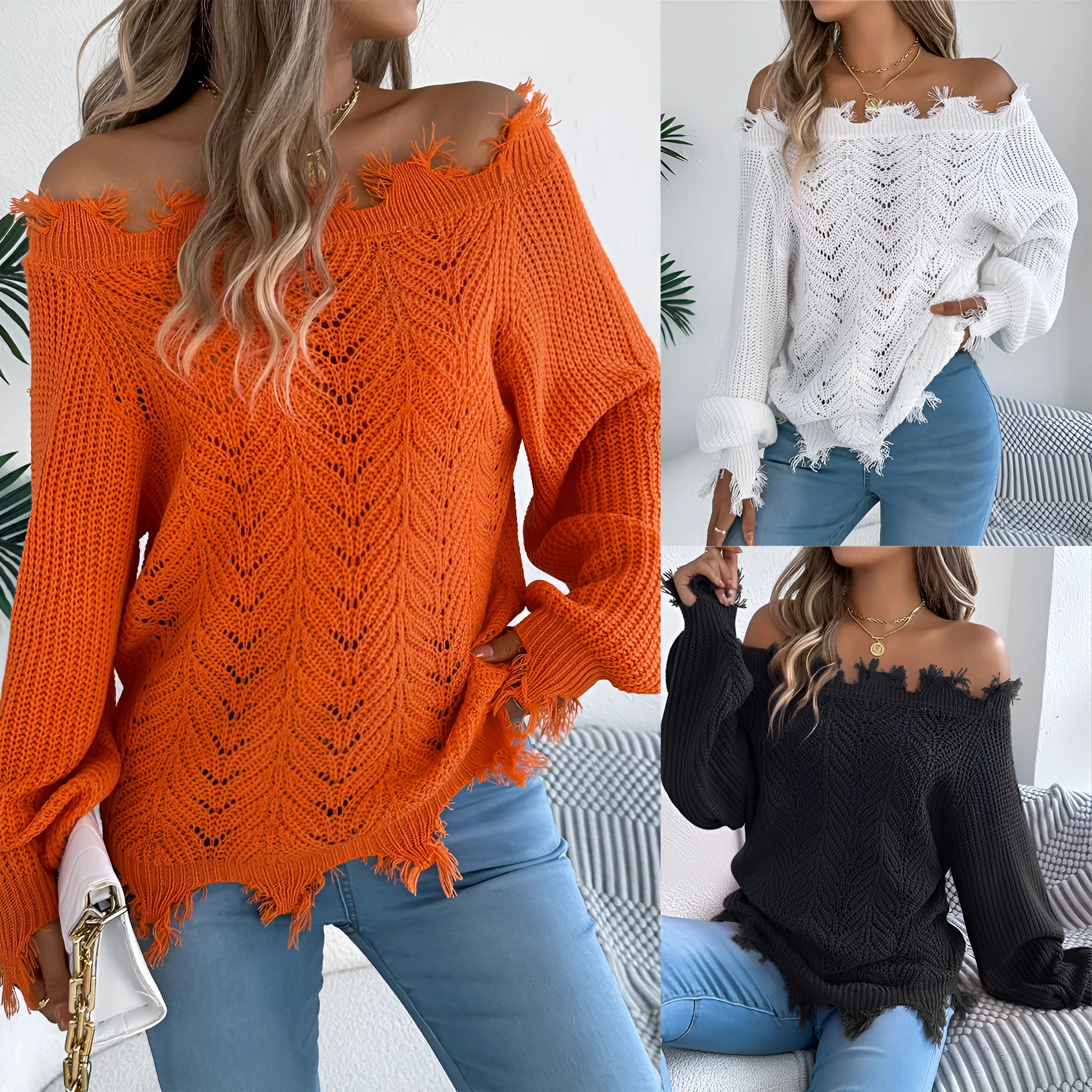 Hollow-out cut-off-the-shoulder pullover sweater in artificial wool acrylic fibre, available in white, orange, and black colours