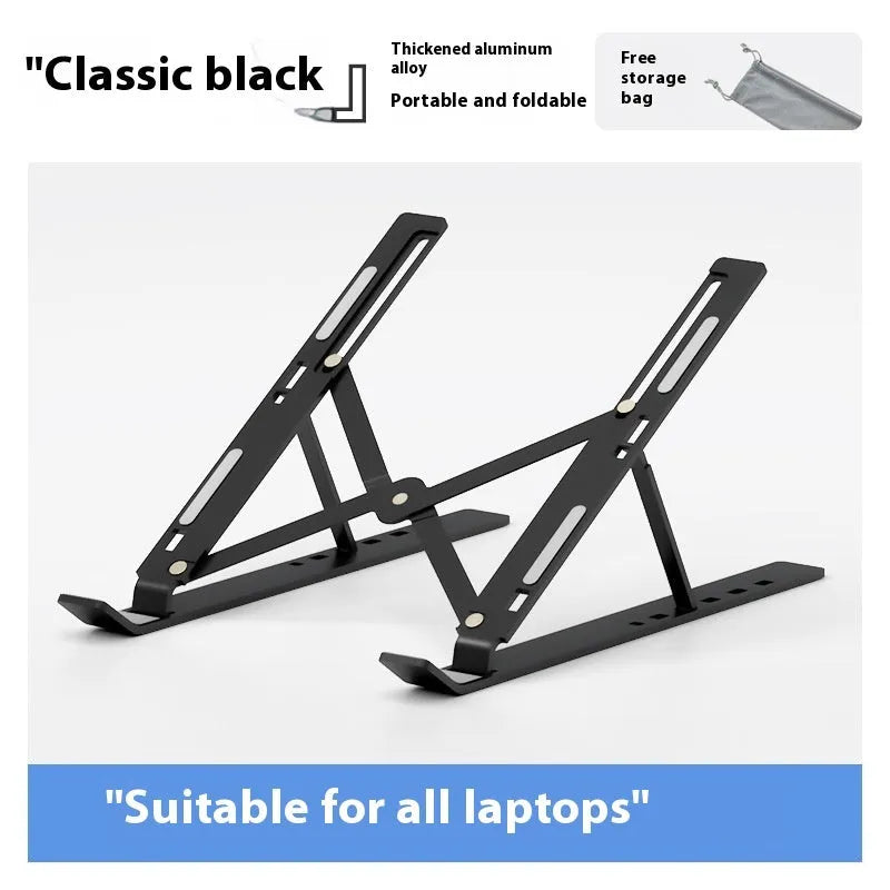 Silver aluminium alloy folding laptop stand holding a laptop at an angle