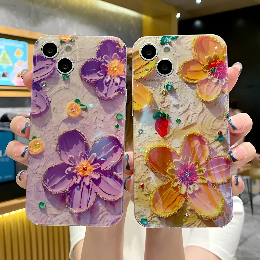Purple soft rubber phone case with oil painting floral pattern and diamond detailing for iPhone and Huawei smartphones