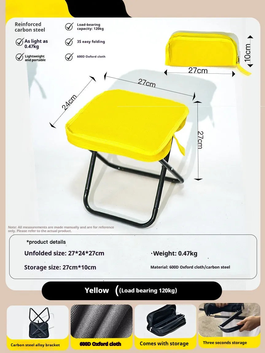 Outdoor foldable pencil box stool with Oxford cloth seat shown in khaki colour, folded and unfolded.