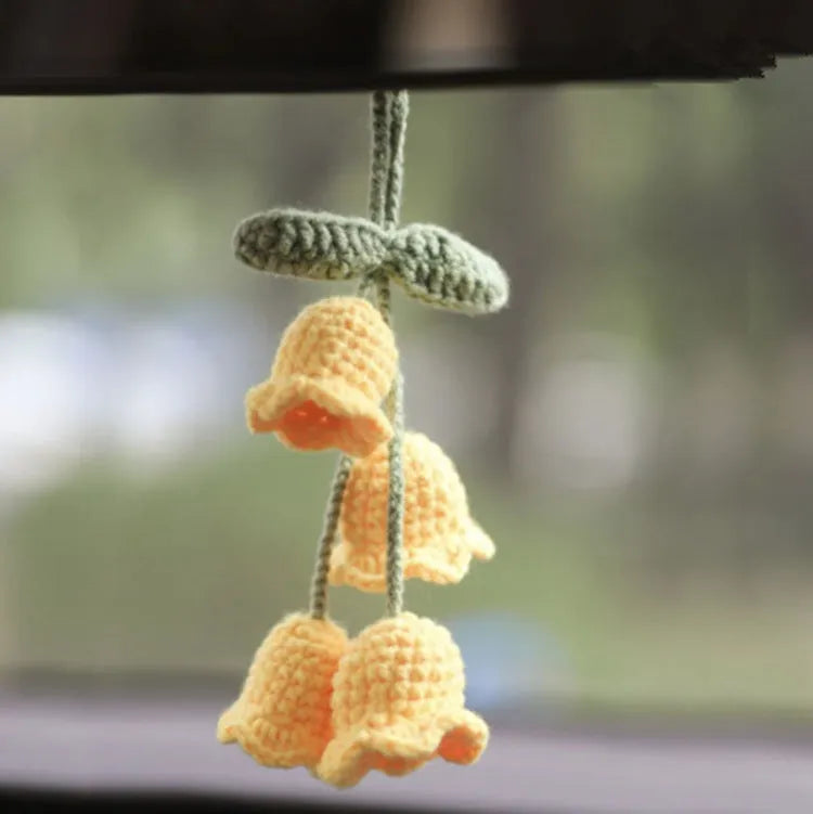 Green and white crochet car plant ornament with 25cm white hanging rope on 8cm basin base