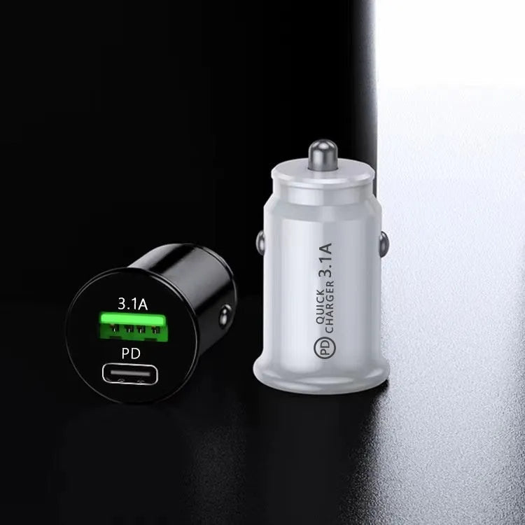 Dual port car charger converter in black or white bare metal with USB charging ports