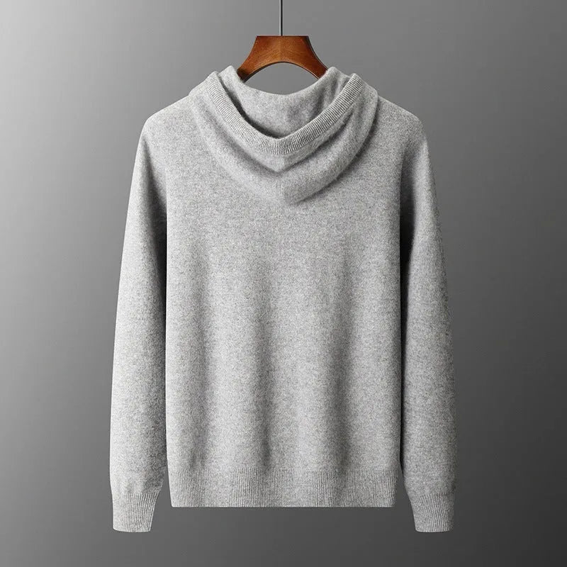 Men's dark grey cashmere hooded sweatshirt and trousers winter casual set laid flat