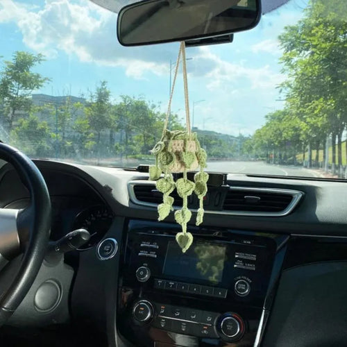 Green and white crochet car plant ornament with 25cm white hanging rope on 8cm basin base