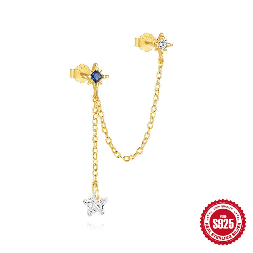 S925 sterling silver geometric chain stud earrings with inlaid zircon for double piercings in golden colour.