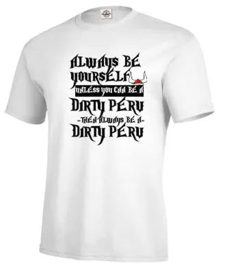 Men's white printed short sleeve t-shirt showing straight cut design and polyester fabric construction