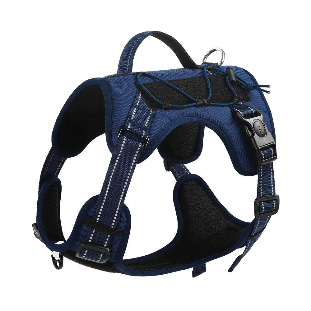 Reflective dog harness and hand-holding lead set in orange and black, showing the chest strap and full-handle grip.
