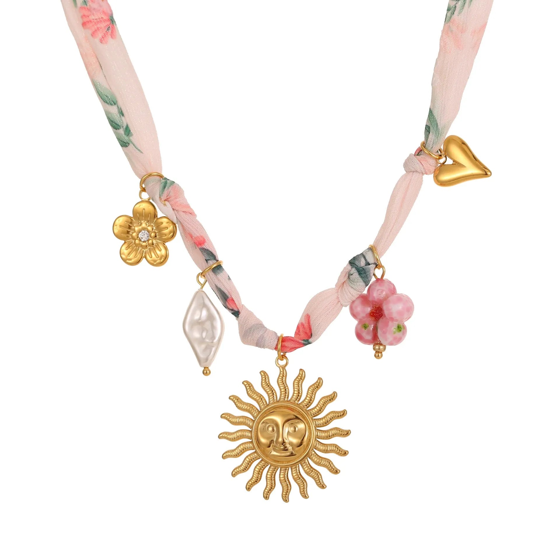 Stainless steel geometric sun pendant necklace with 18K gold electroplated finish on 41-50cm chain
