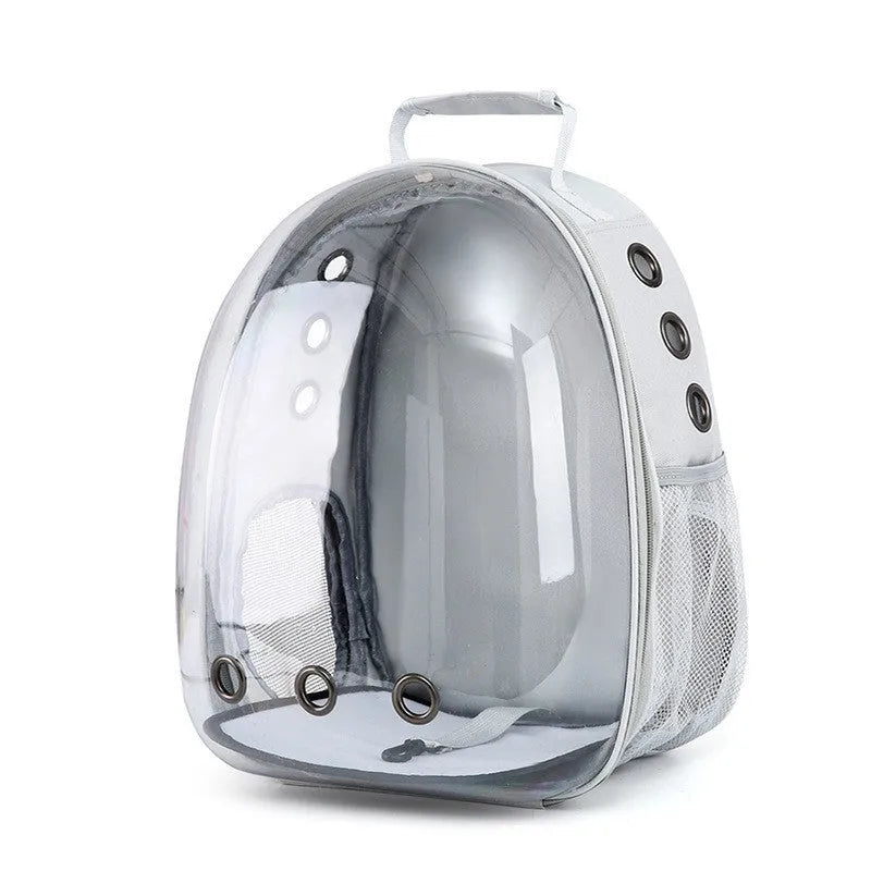 Grey PC astronaut-style pet carrier backpack with side-opening door for a cat.