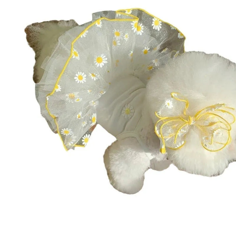 Yellow daisy pattern summer dog clothes on pet, lightweight polyester fabric
