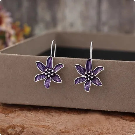 Purple flower shaped alloy earrings with electroplated finish retro design