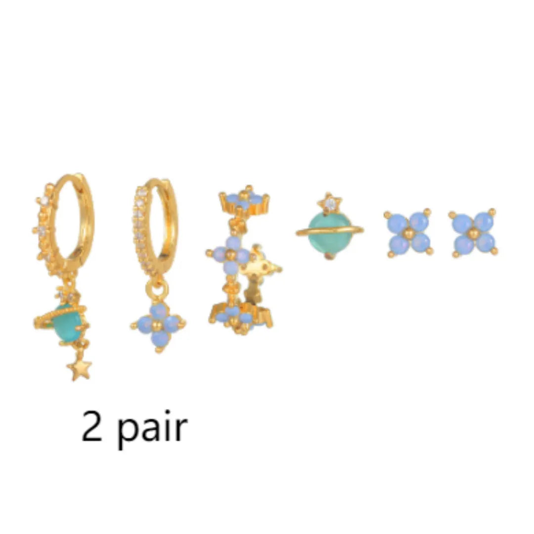 Gold and silver flower nail ear studs with zircon mosaic in Japanese Korean sweet girl style
