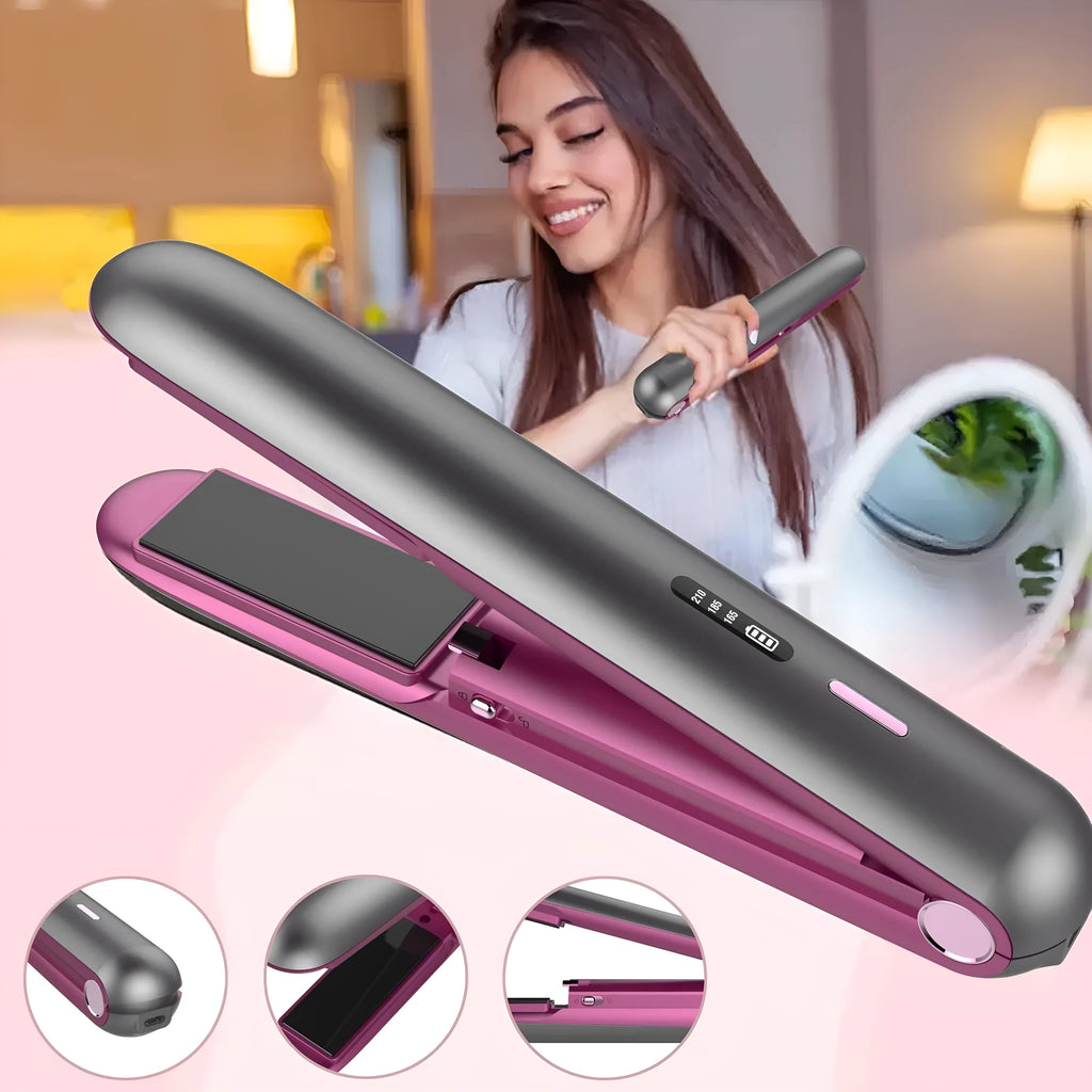 Moon shadow grey wireless hair straightener with plywood shell and LCD temperature display.