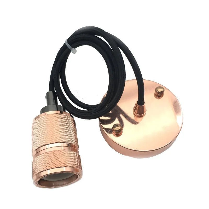 Retro DIY ceiling light chandelier kit with cast aluminum holder and woven power cord in shiny black and gold finishes