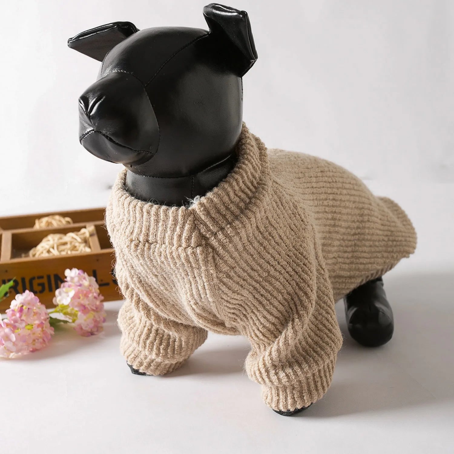 Brown cloth pullover sweater for small dog breeds on canine mannequin