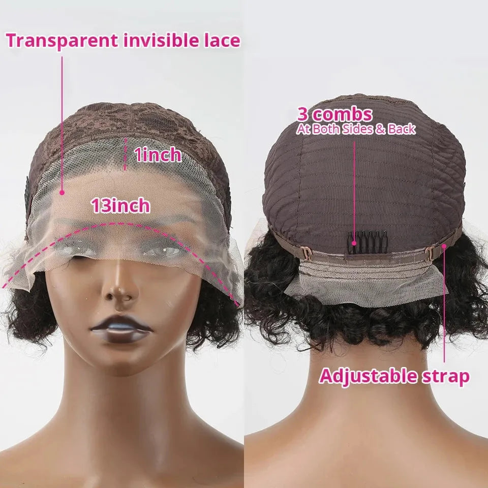 Black human hair lace front pixie wig showing natural hairline